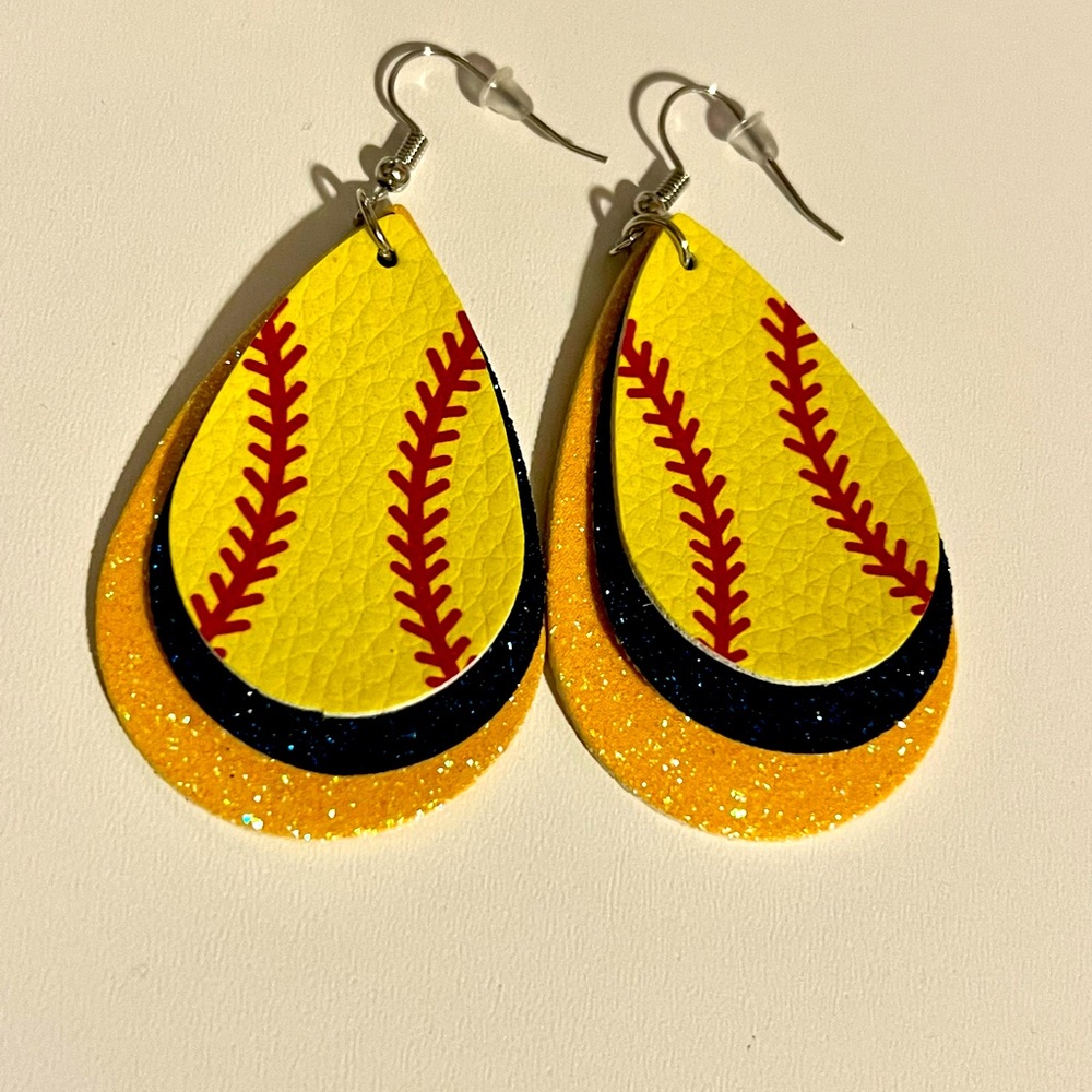 New Womens softball tear drop earrings, color midnight blue and yellow.